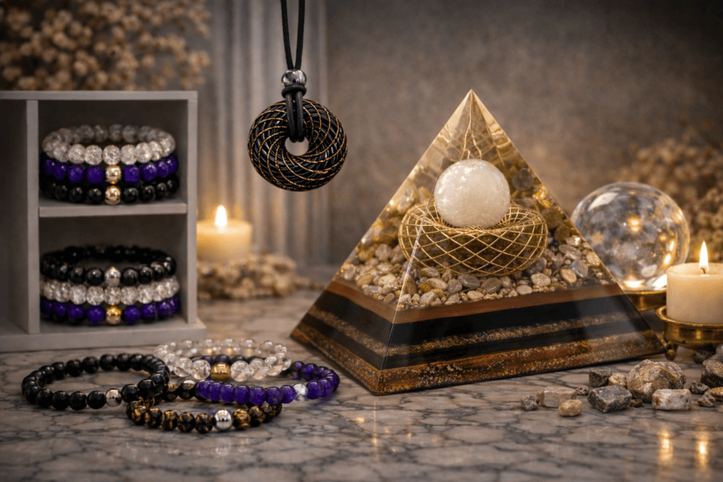 A display of various beaded bracelets in a box, a pendant hanging above, a crystal