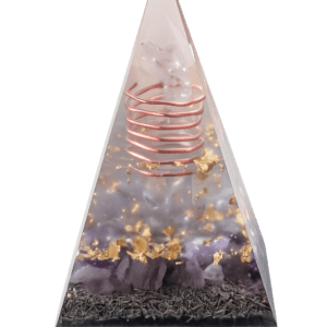 Amethyst orgonite pyramid with quartz crystal, copper coil and gold flakes for energy balance